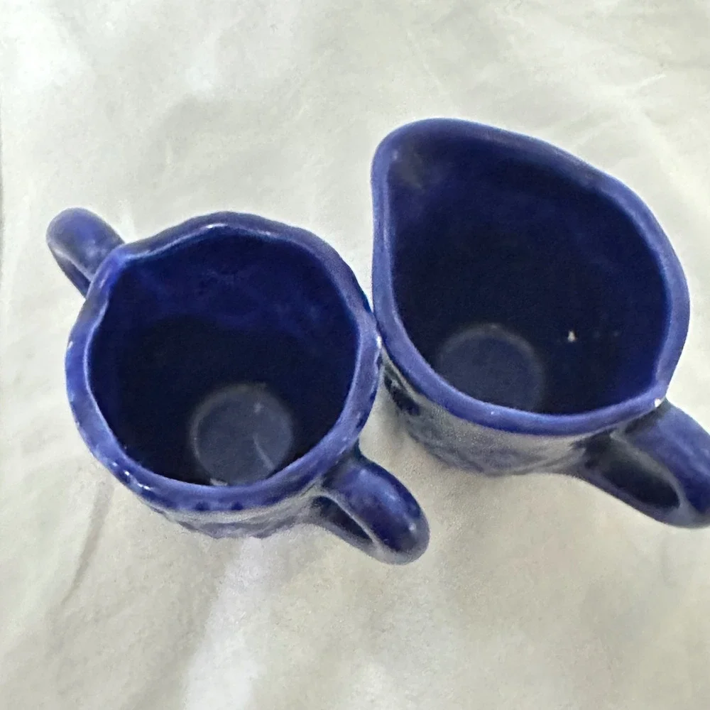 Vintage Mini Cream and Sugar Set Cobalt Blue Excellent Quilted Ceramic Tea Retro